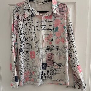 Women's Printed Button-Up Blouse - Pink Floral & Script